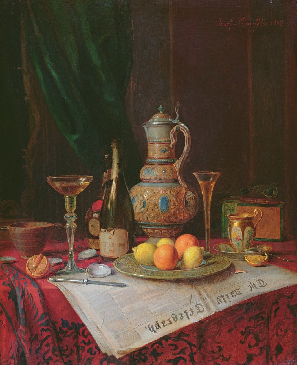 Stilleven met een fles champagne, 1882 door Josef Mansfeld