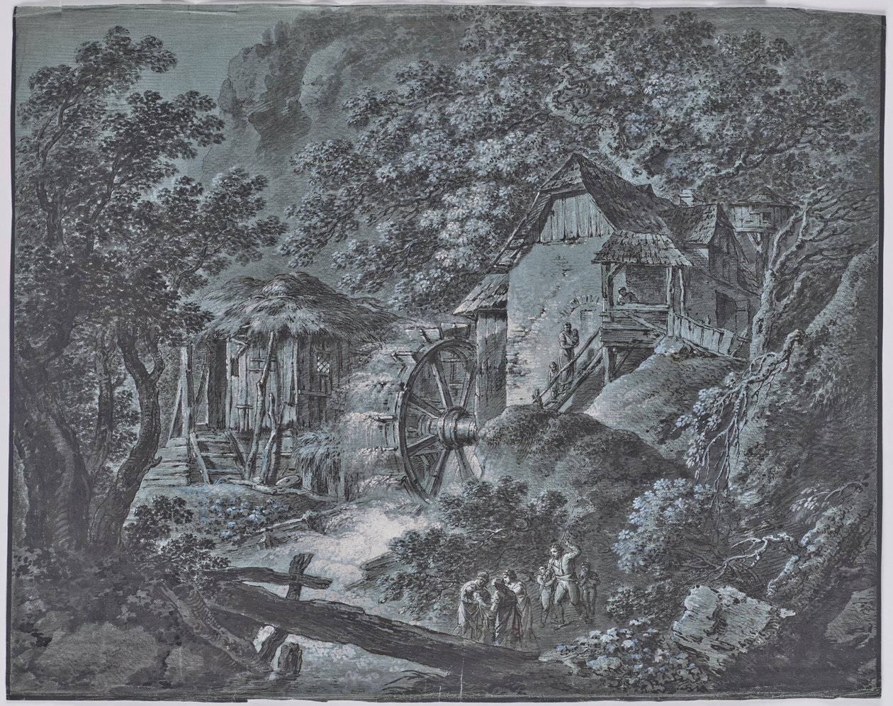 Molen in een boslandschap met verschillende mensen en een reusachtige door Josef Abel