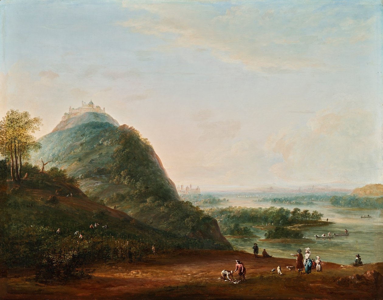 Wijnoogst voor Wenen met uitzicht op Klosterneuburg, de Leopoldsberg, Bisamberg en Korneuburg door Josef Heideloff