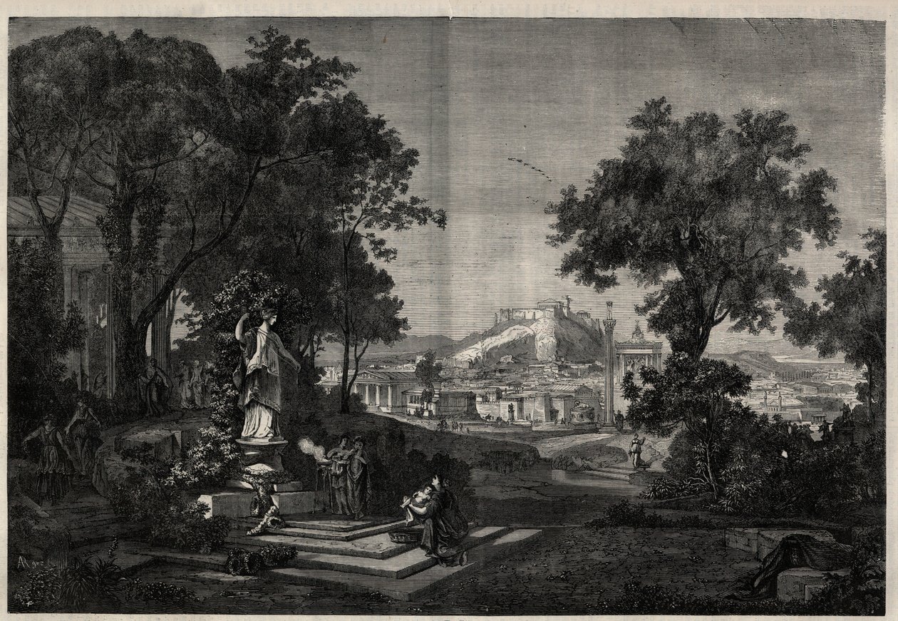 Oud Griekenland: zicht op de tuinen van Venus in Athene. Gravure naar een schilderij van Joseph Hoffmann in 