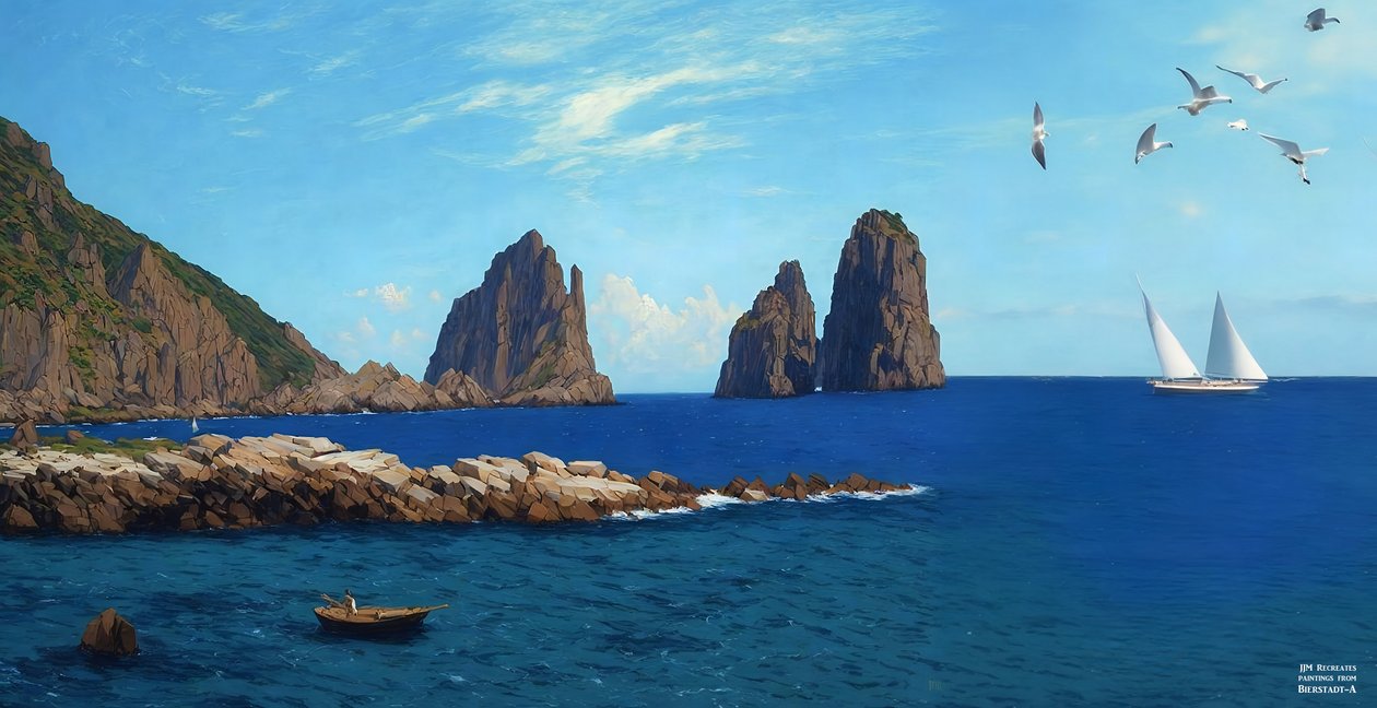 JJM recreëert Bierstadt-A: Roeien vanaf de rotsen door Josef Johann Michel