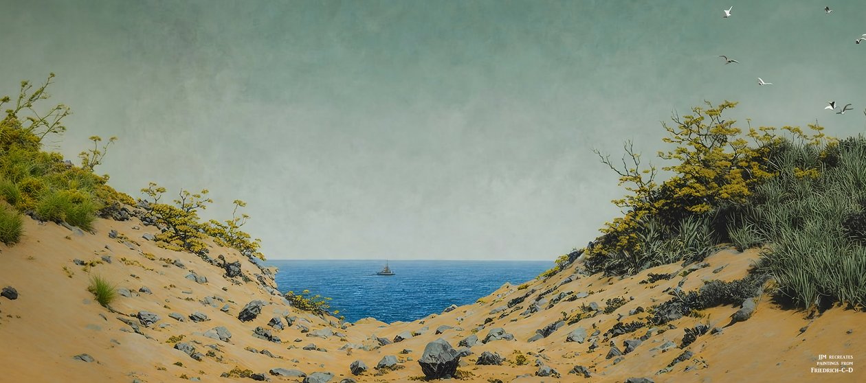 JJM recreëert Friedrich-C-D: Uitzicht door een oeverdal (Panorama) door Josef Johann Michel