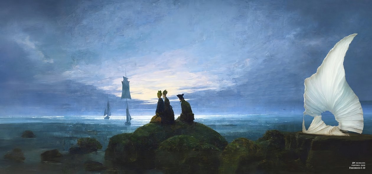 JJM recreëert Friedrich-C-D: Maanopkomst boven de zee (stille toeschouwer) door Josef Johann Michel