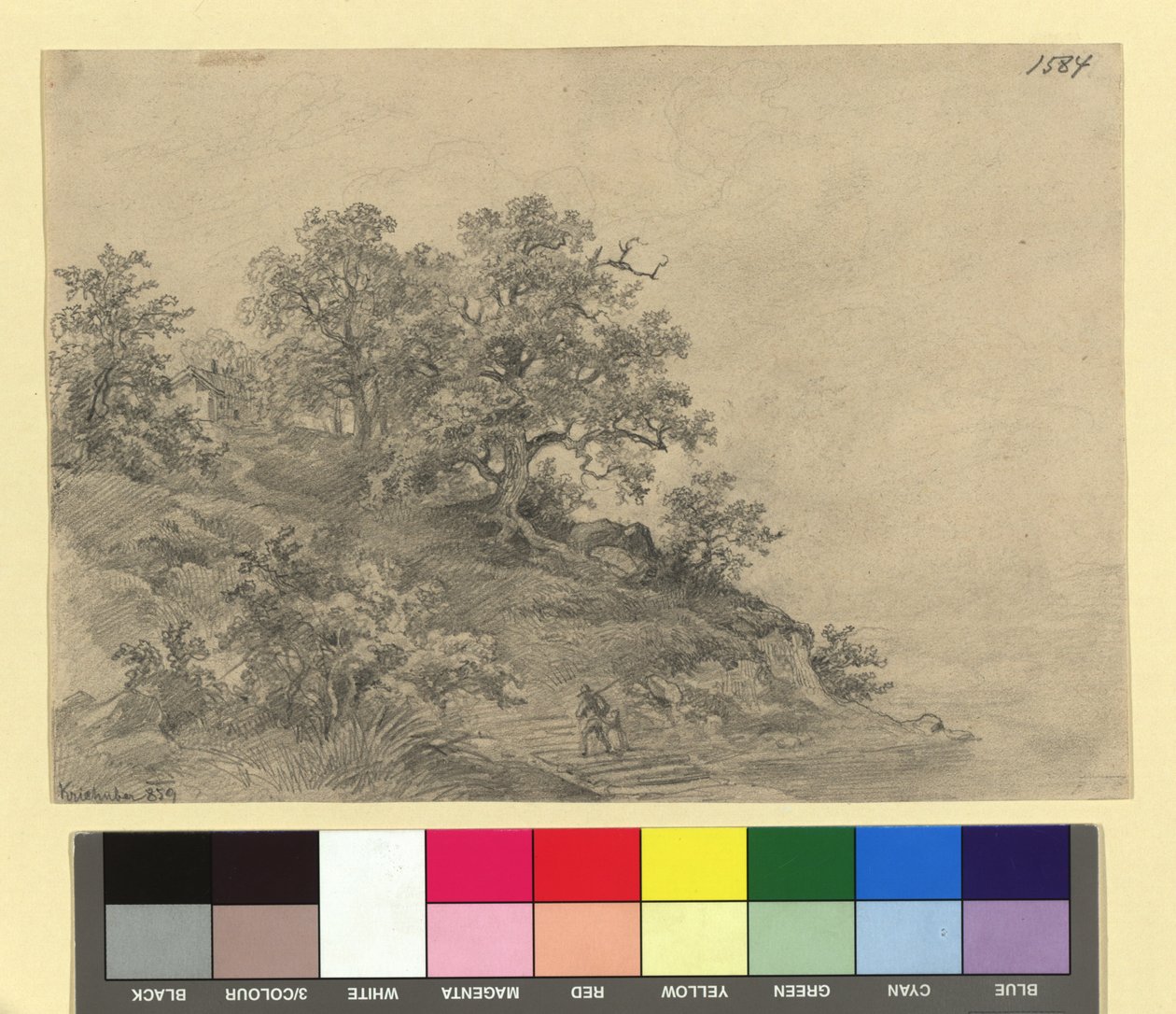 Beboste heuvel met boerderij door Josef Kriehuber