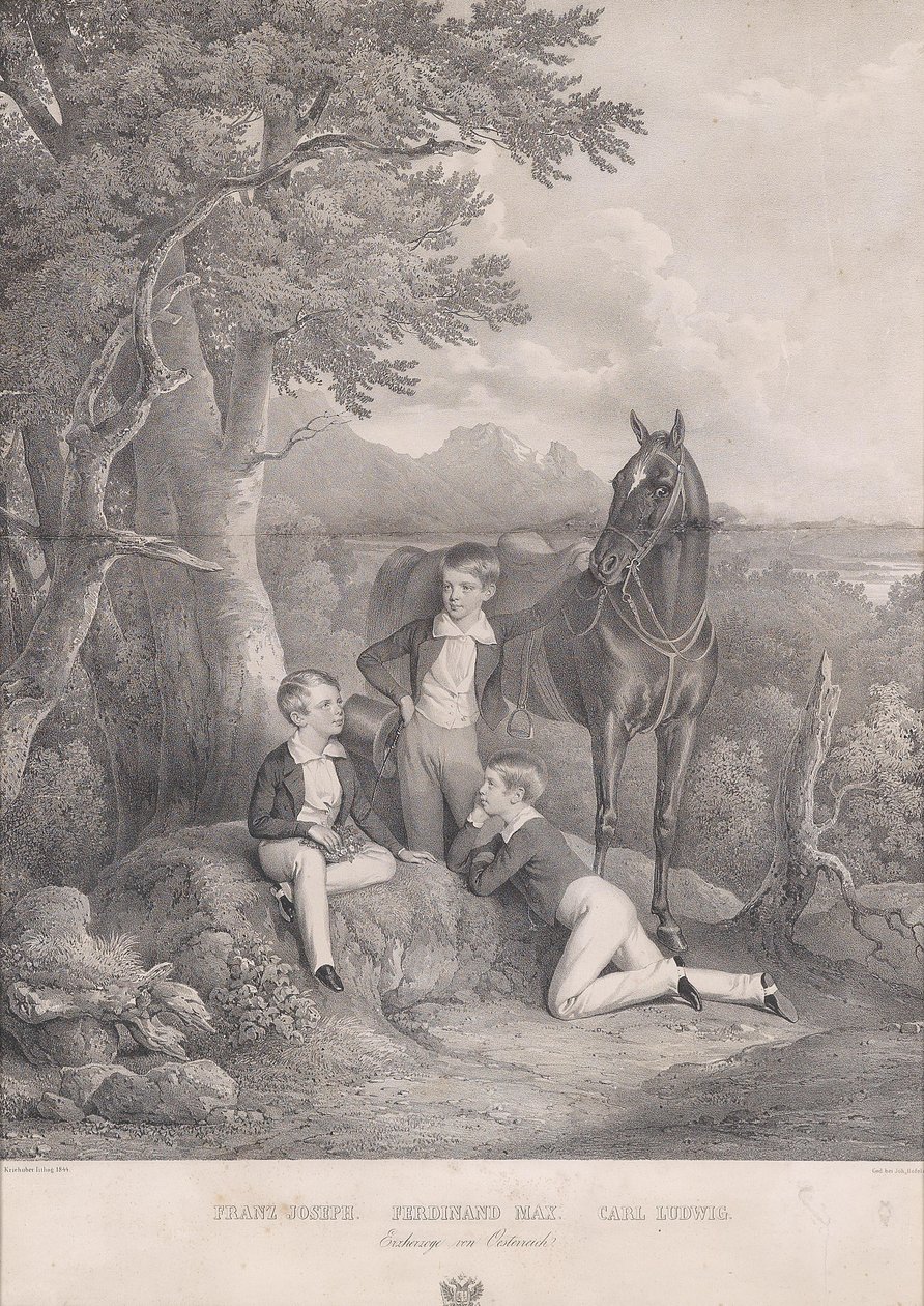Josef Kriehuber De aartshertogen Frans Jozef - Ferdinand Max - Carl Ludwig 1844 door Josef Kriehuber