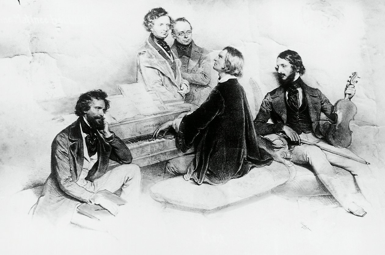 Matinee bij Liszt thuis, van links naar rechts, Kriehuber, componist Hector Berlioz, Carl Czerny, Franz Liszt en violist Heinrich Wilhelm Ernst, Lithografie door Josef Kriehuber door Josef Nikolaus Kriehuber