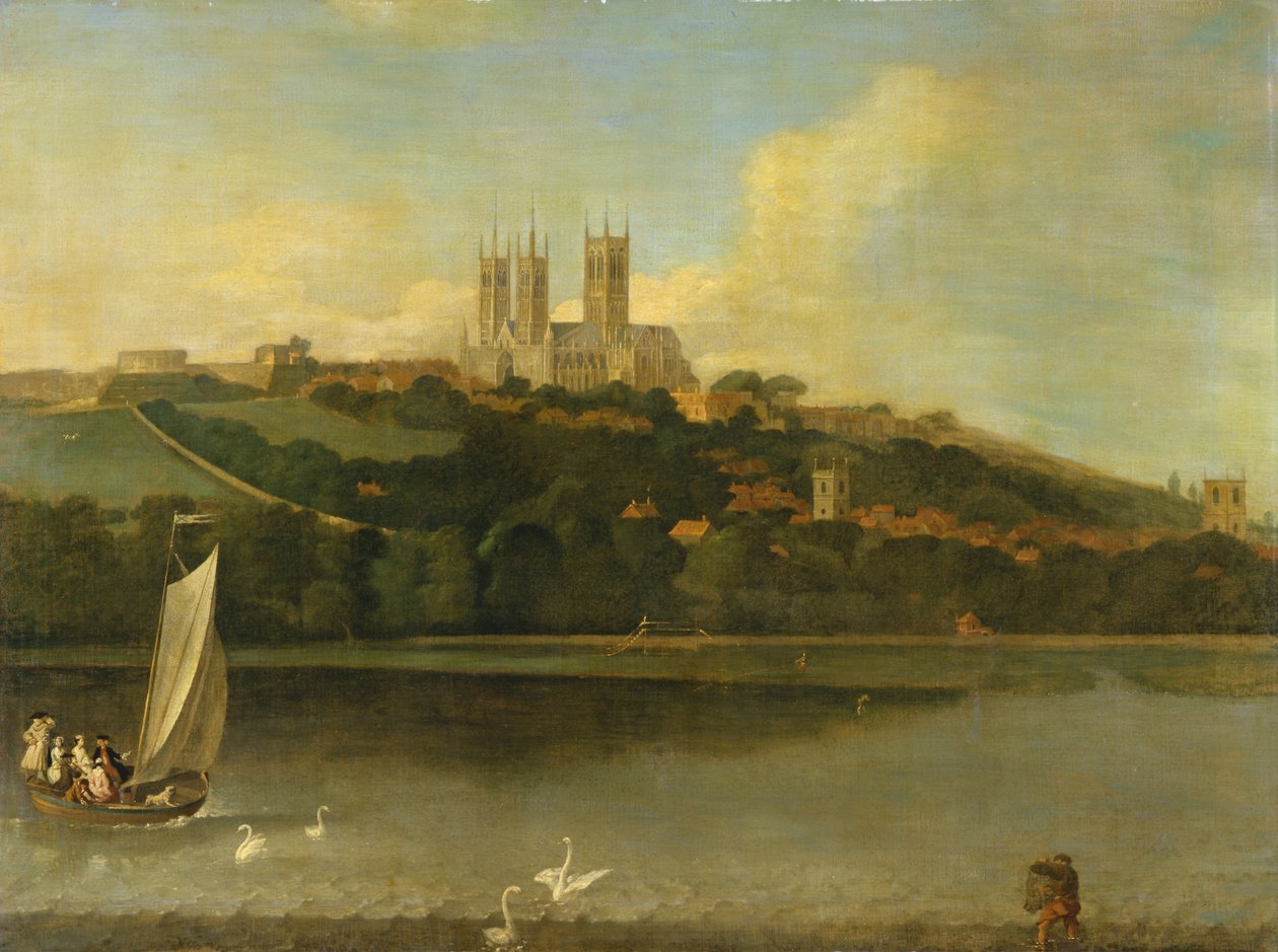 Een Uitzicht op de Kathedraal en Stad Lincoln vanaf de Rivier door Joseph Baker