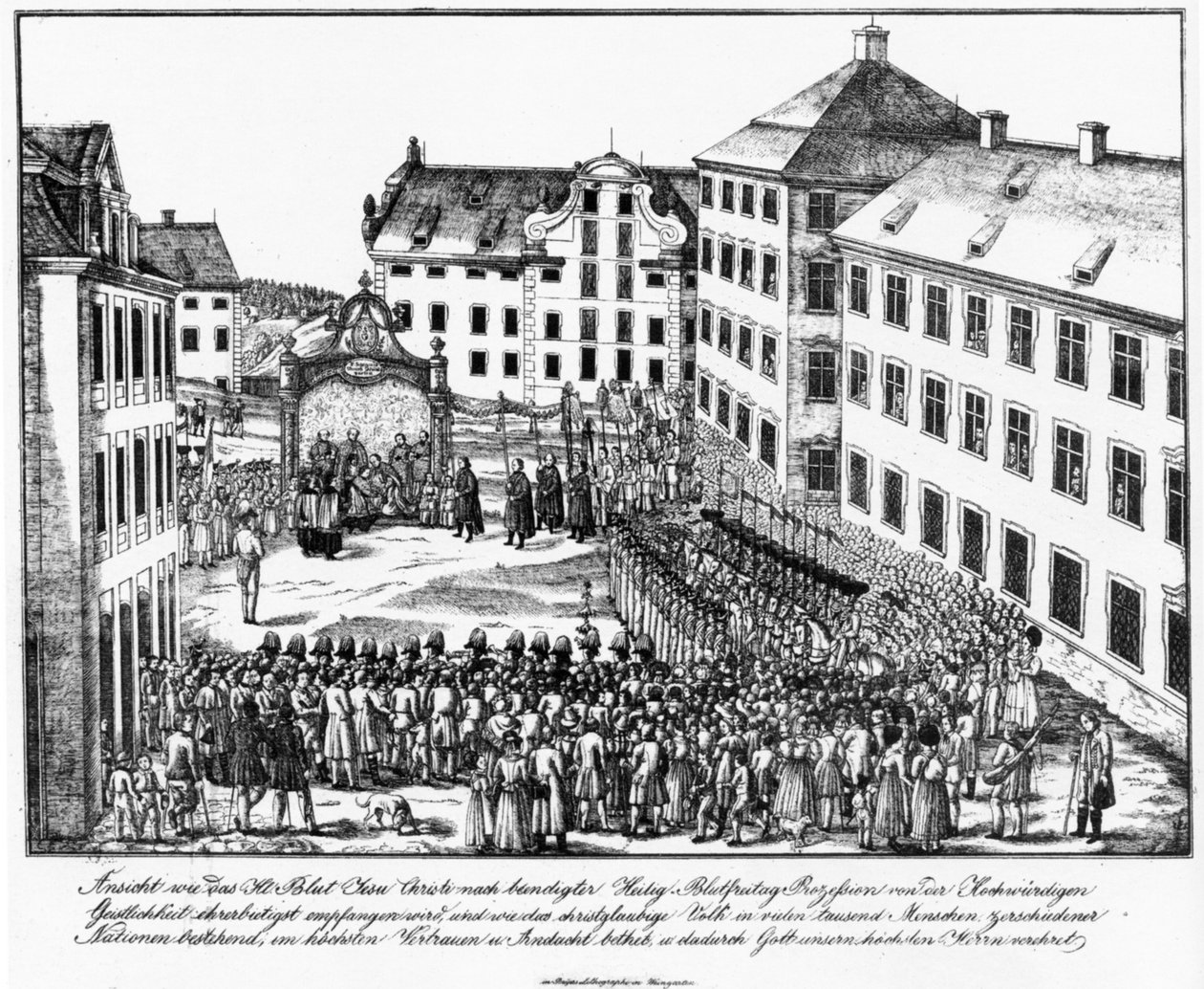 Weingarten, kloosterhof, ontvangst van de Heilig-Bloed-relikwie door de geestelijkheid na de Heilig-Bloed-processie, begin jaren 1840 door Joseph Bayer