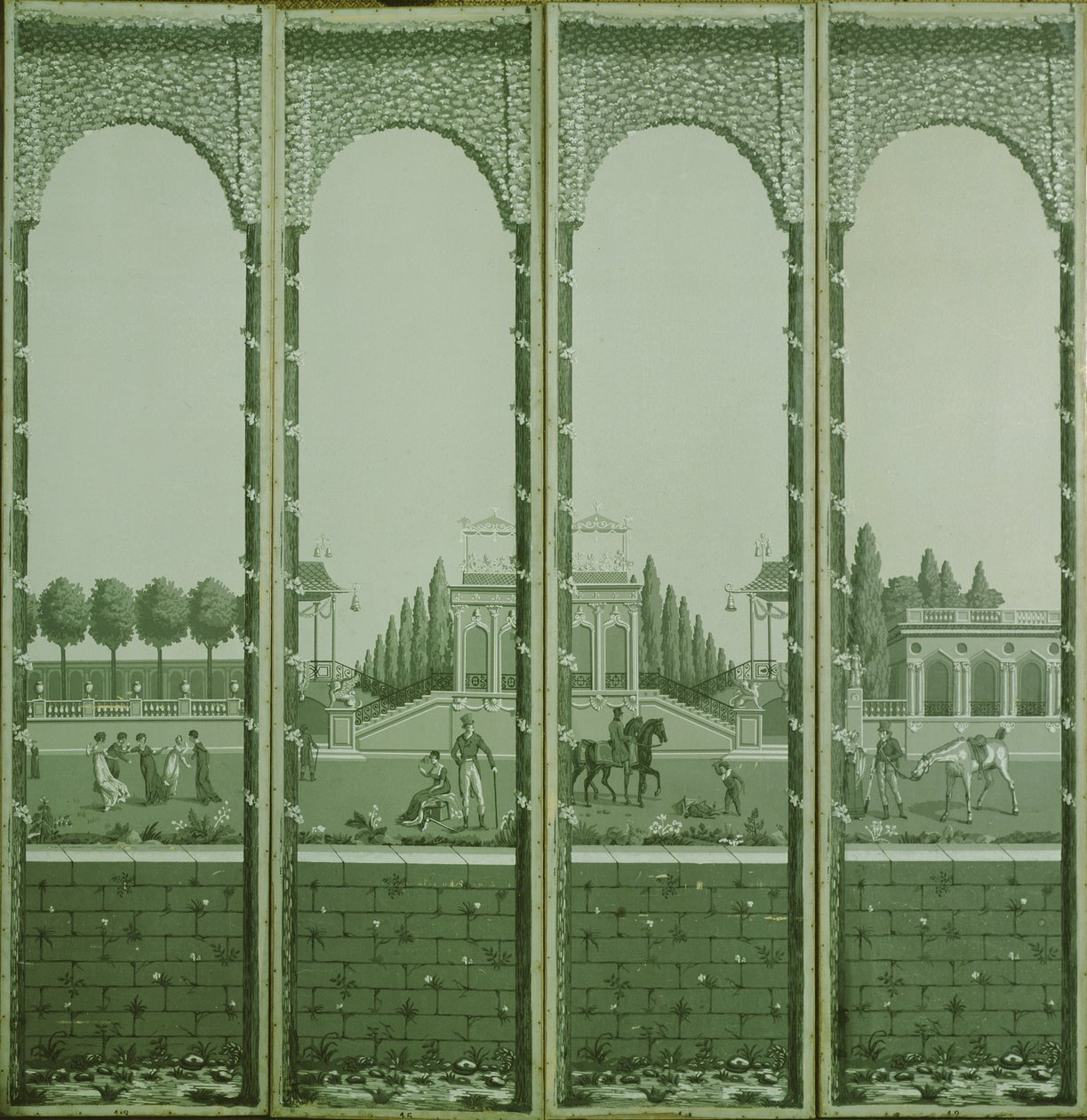 Blokgedrukte monochrome vierdelige scherm met figuren in een sierlijke tuin door Joseph Dufour