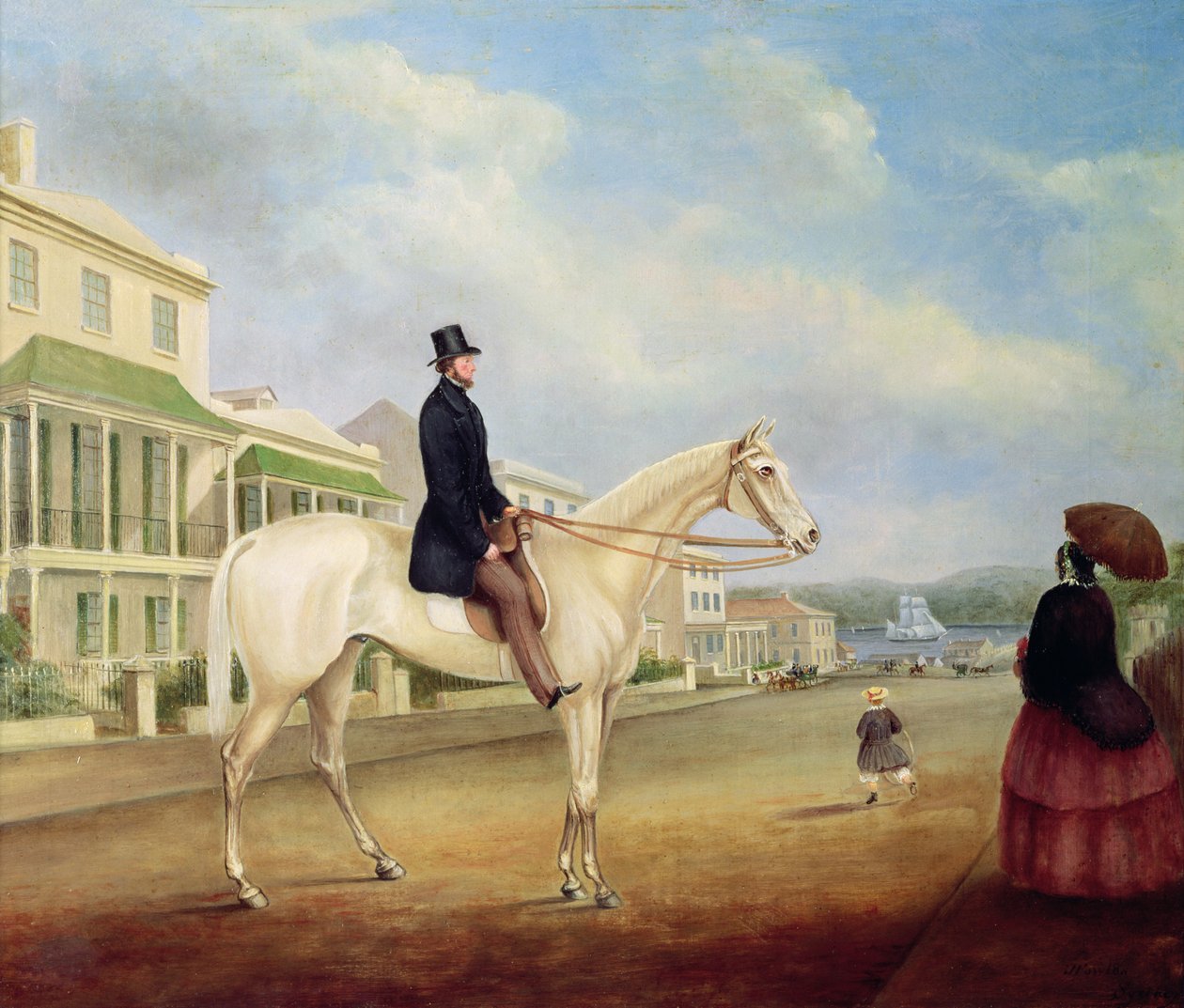 Ruiter op een wit paard, waarschijnlijk in Macquarie Street North, c.1850 door Joseph Fowles