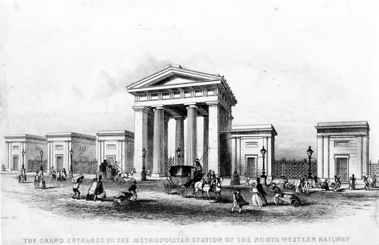 De grote ingang van het Metropolitan Station van de North Western Railway, gegraveerd door Alfred Ashley, c.1837 door Joseph Francis Burrel