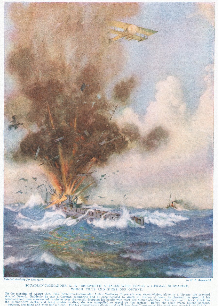Squadron-Commandant A.W. Bigsworth valt een Duitse onderzeeër aan, die volloopt met water en zinkt bij Oostende, illustratie uit 