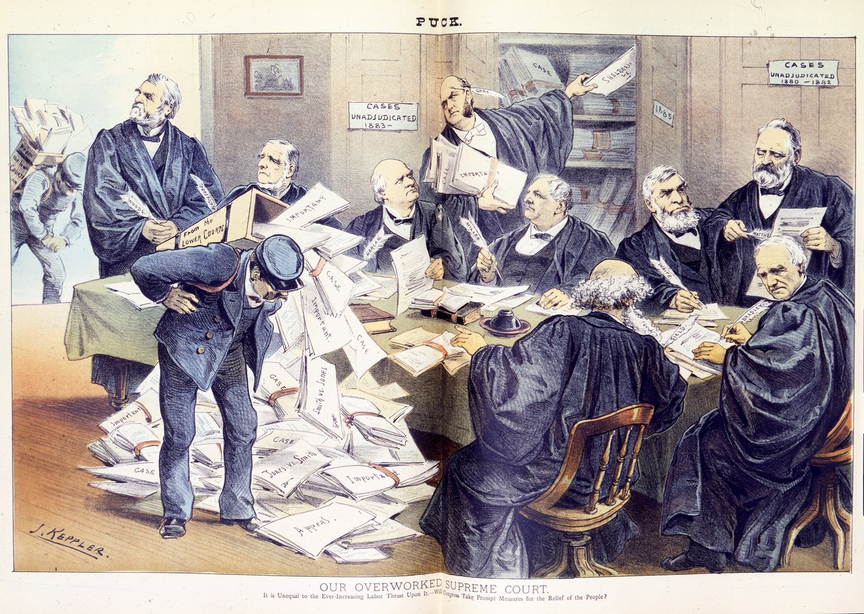 Ons overwerkte Hooggerechtshof: Het is niet opgewassen tegen de steeds toenemende werklast - zal het Congres snel maatregelen nemen voor de verlichting van het volk, 1885 door Joseph Keppler