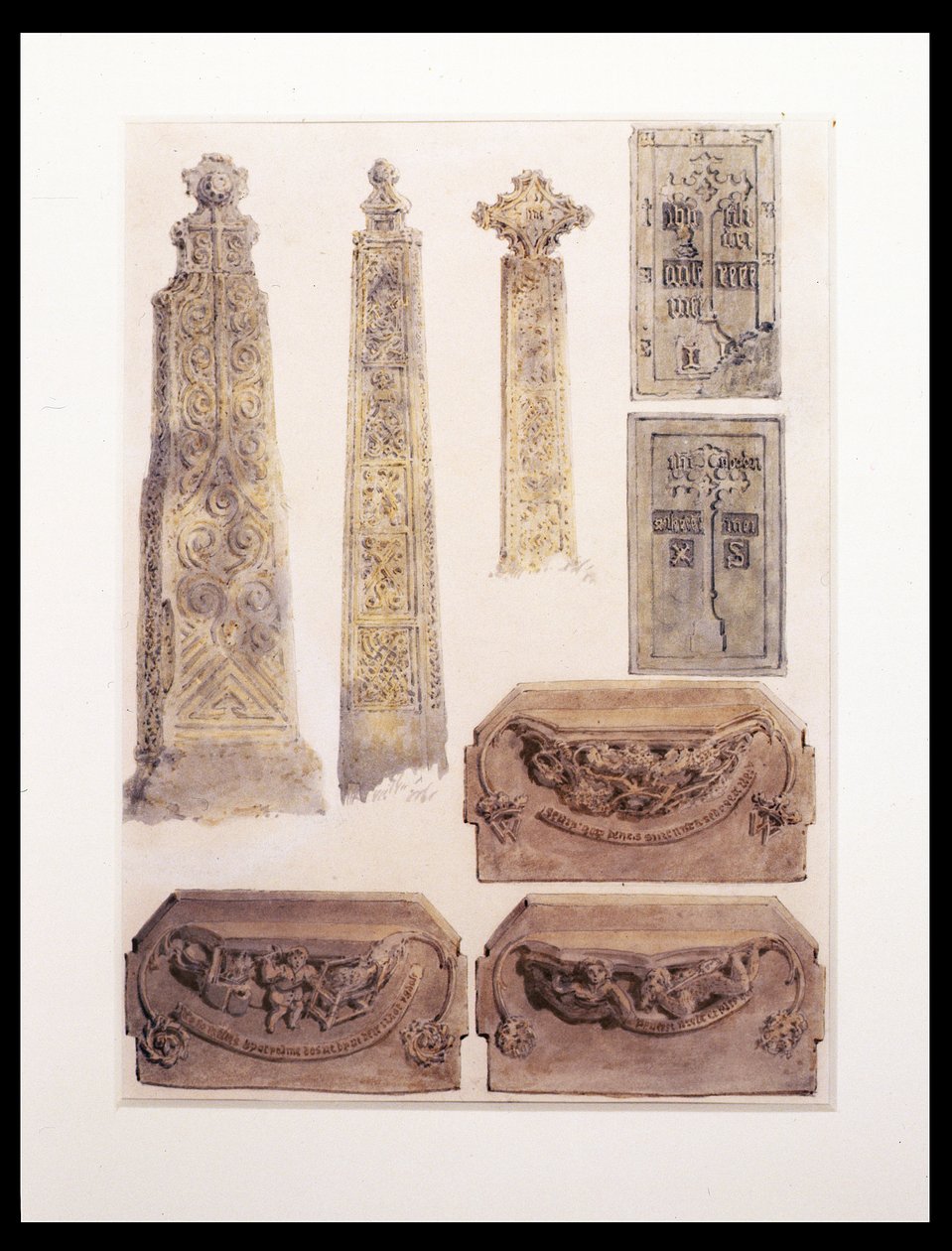 Acht studies van kruisen, brassen en misericords uit Whalley Church, Whalley, Lancashire door Joseph Mallord William Turner