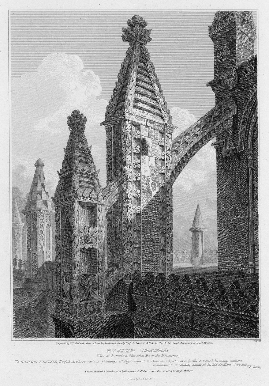 Roslyn Chapel, uitzicht op steunberen en pinakels aan de noordoostelijke hoek, gegraveerd door William Woolnoth, 1810 door Joseph Michael Gandy