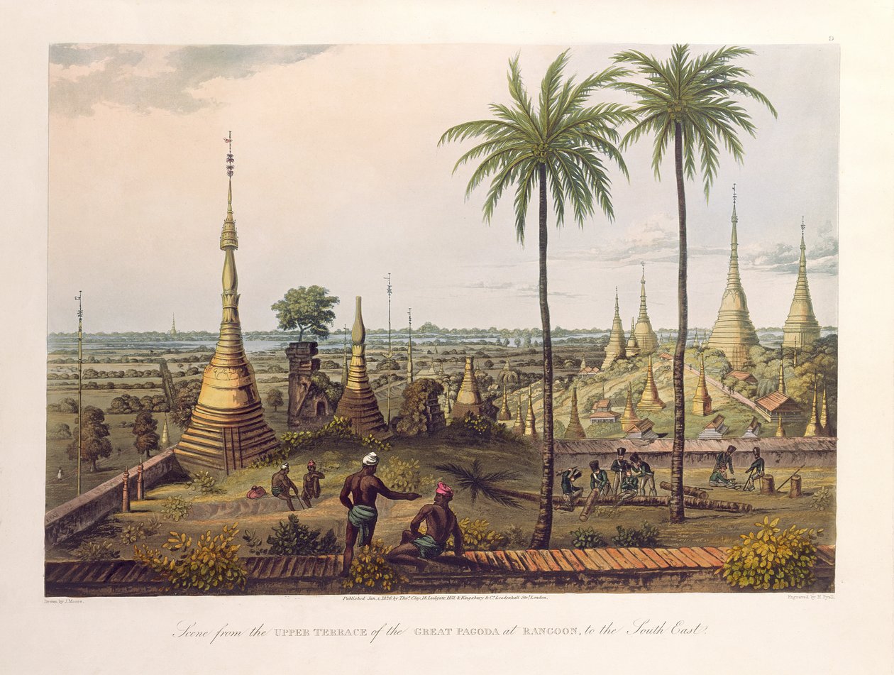 Scène vanaf het bovenste terras van de Grote Pagode in Rangoon, naar het zuidoosten, gegraveerd door H. Pyall, gepubliceerd door Kingsbury und Co., 1826 door Joseph Moore