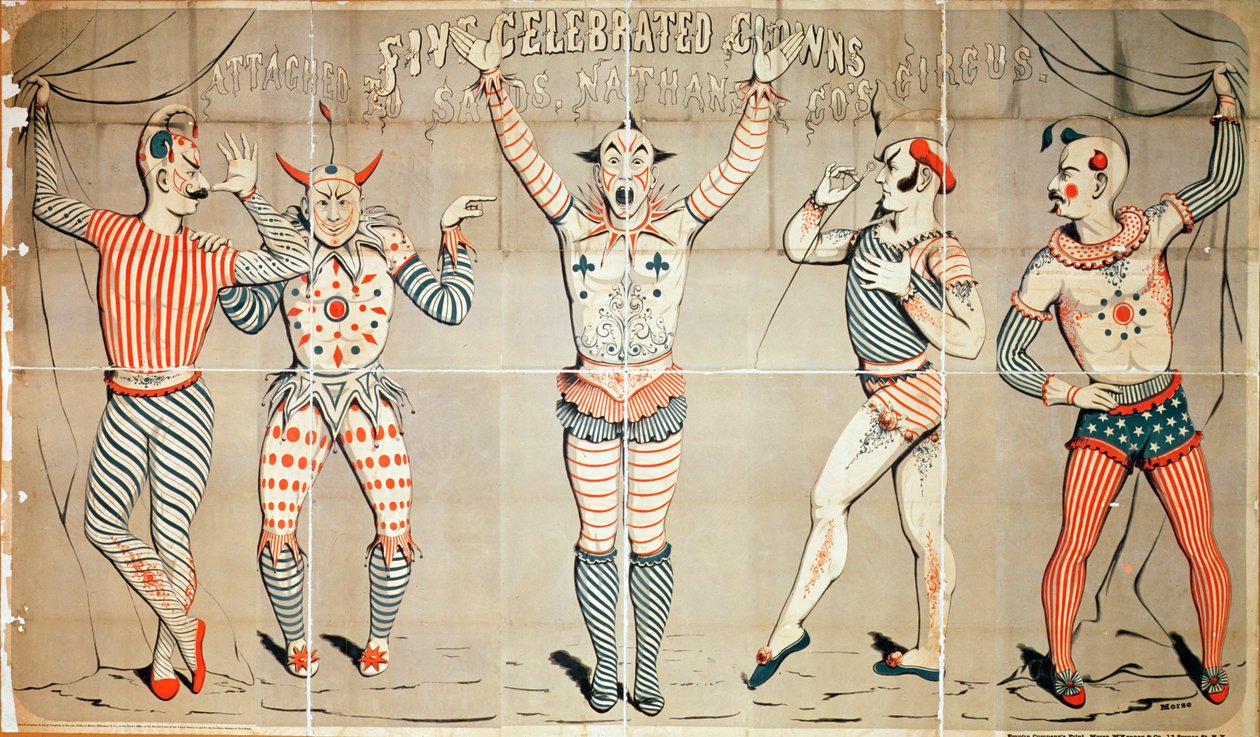 Vijf beroemde clowns verbonden aan Sands, Nathan en Co.