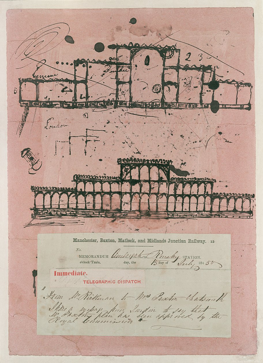 Grote Tentoonstelling, 1851: eerste schets voor het gebouw, 1850 door Joseph Paxton