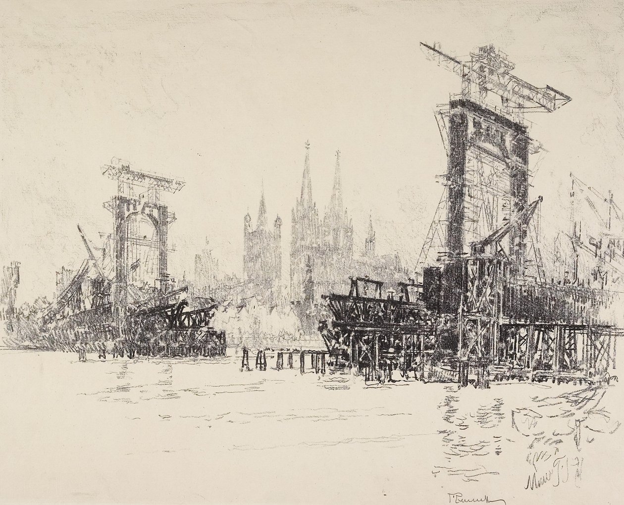 De Brug Bouwen in Keulen, 1914 door Joseph Pennell