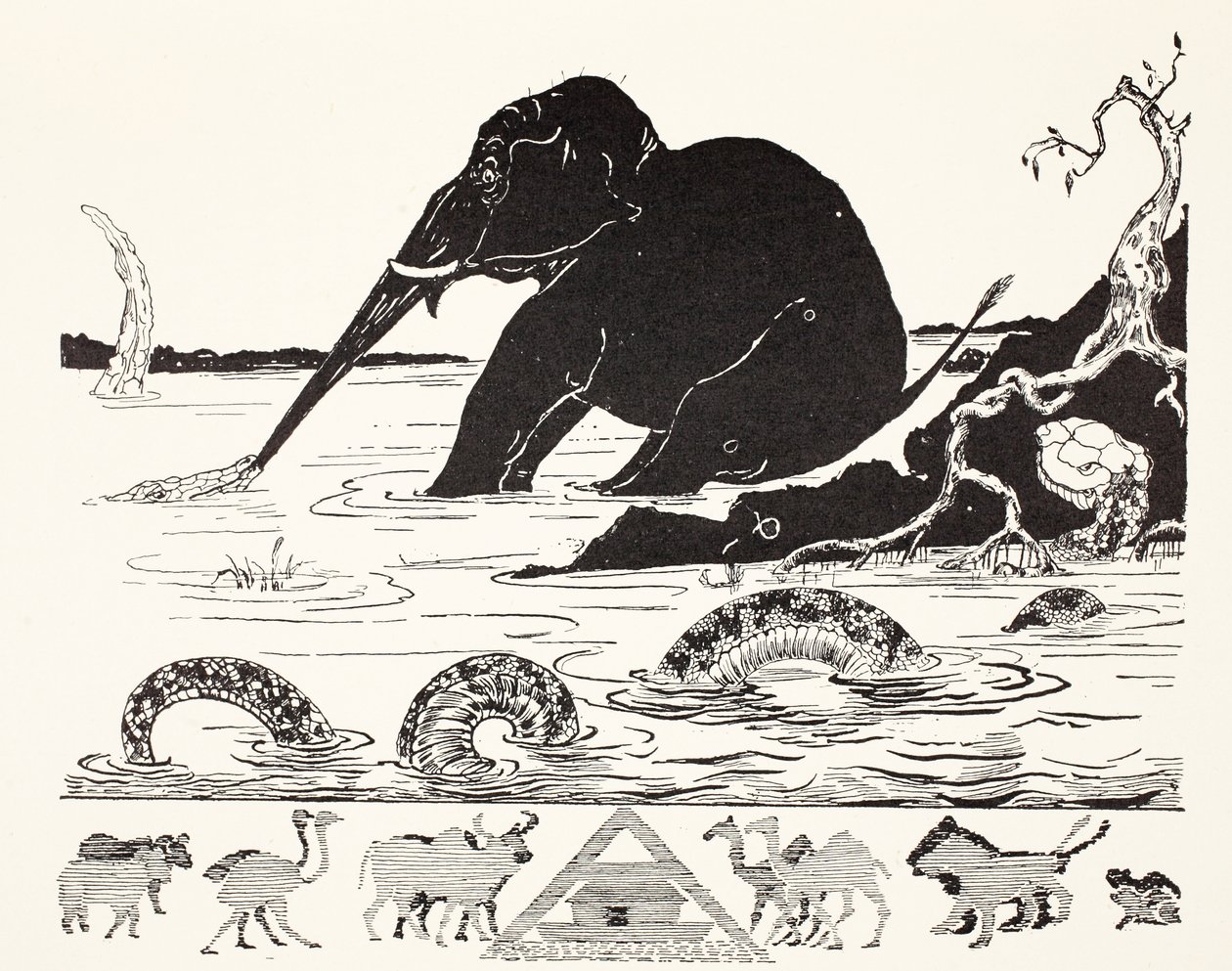 Het kind van de olifant wordt aan zijn neus getrokken door de krokodil, illustratie uit 