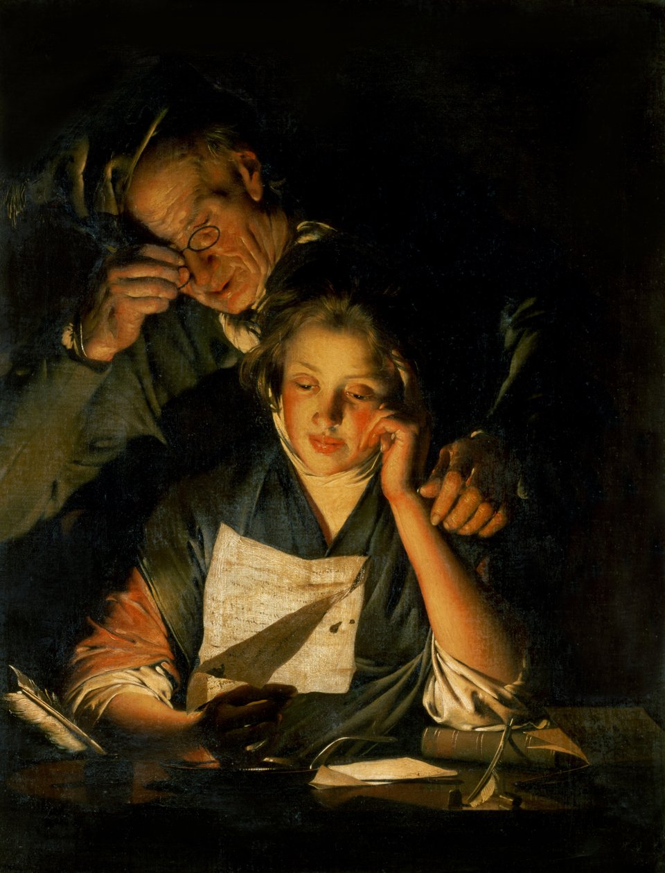 Een Meisje dat een Brief Leest, met een Oude Man die over haar Schouder Leest, ca. 1767-70 door Joseph Wright of Derby