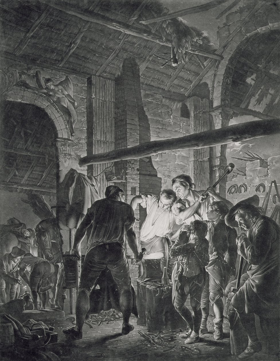 De smidse, gegraveerd door Richard Earlom (1743-1822), 1771 door Joseph Wright of Derby