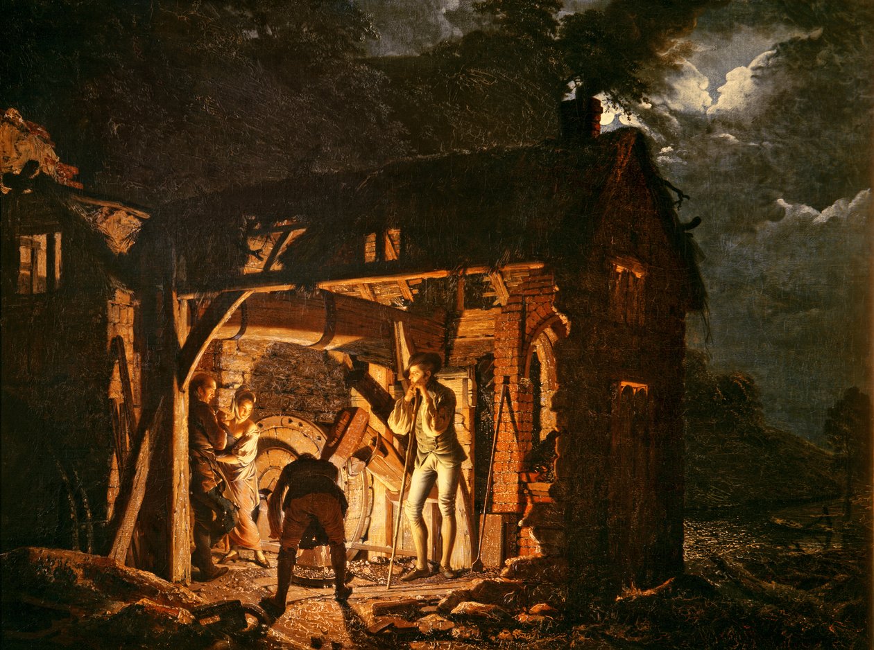 De ijzersmederij van buitenaf gezien door Joseph Wright of Derby