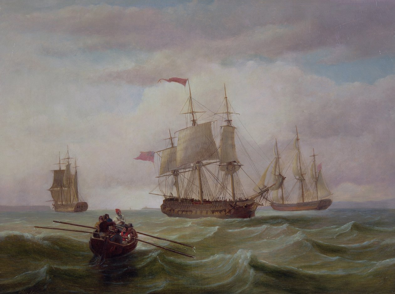 Drie Oost-Indiëvaarders in het Bristol Kanaal door Joseph Walter