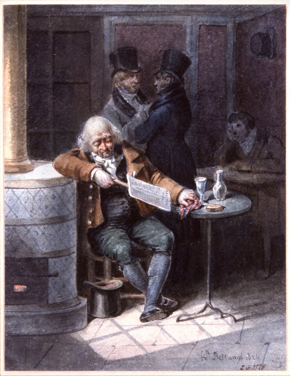 Oude man leest krant in een café, Parijs door Joseph Louis Hippolyte Bellange
