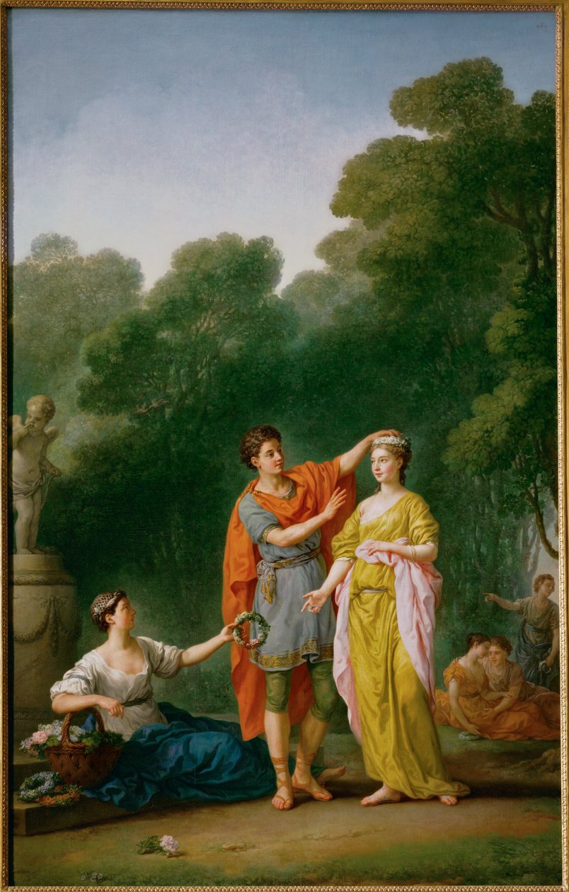 Een minnaar die zijn geliefde kroont met een bloemenkrans ... door Joseph Marie the Elder Vien