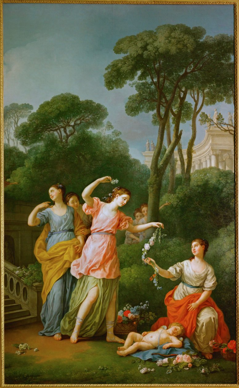 Jonge Griekse meisjes schenken slingers aan slapende Amor ... door Joseph Marie the Elder Vien