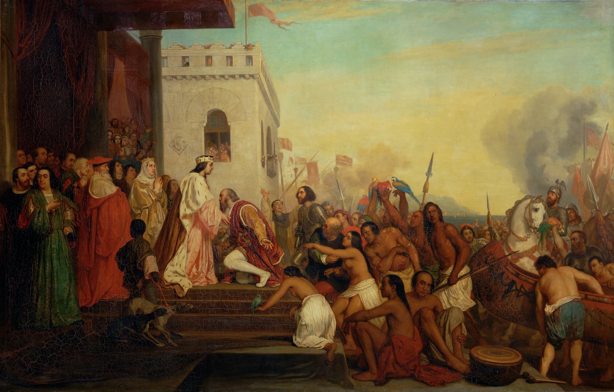 Christoffel Columbus ontvangen door Ferdinand II en Isabella de Katholieke bij zijn terugkeer uit Indië ... door Joseph Nicolas Robert Fleury