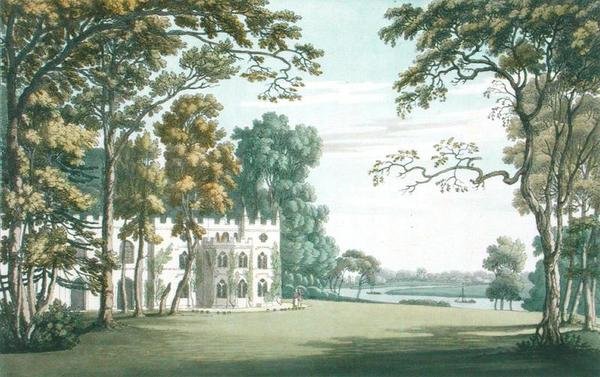 Het huis, de tuinen en het meer bij Strawberry Hill, gegraveerd door J.C. Stadler door Joseph (after) Farington