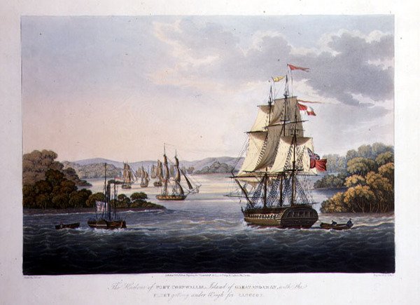 De haven van Port Cornwallis. Eiland van Groot-Andaman, met de vloot die zich klaarmaakt voor Rangoon, gegraveerd door G. Hunt, uitgegeven door Kingsbury & Co., Londen door Joseph (after) Moore