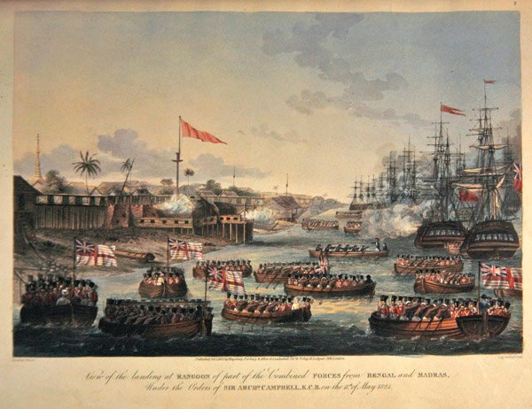 Uitzicht op de landing in Rangoon van een deel van de gecombineerde troepen uit Bengalen en Madras, onder bevel van Sir Archibald Campbell, op 11 mei 1825, gegraveerd door Henry Pyall door Joseph (after) Moore