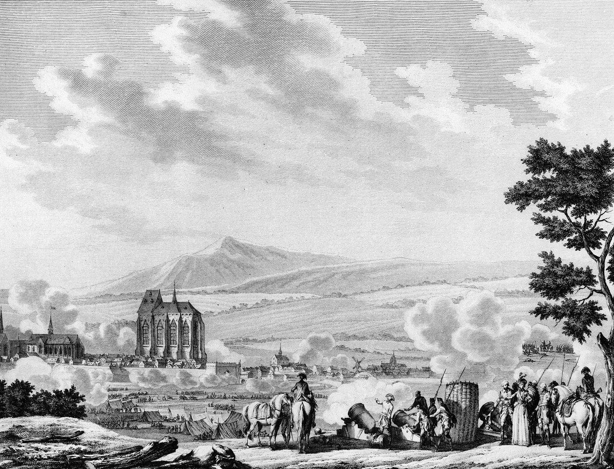 Franse revolutie en aankomst van de contrarevolutionaire troepen van het Oostenrijkse leger: Bombardement van de stad Lille (25 september) door Joseph (after) Swebach Desfontaines