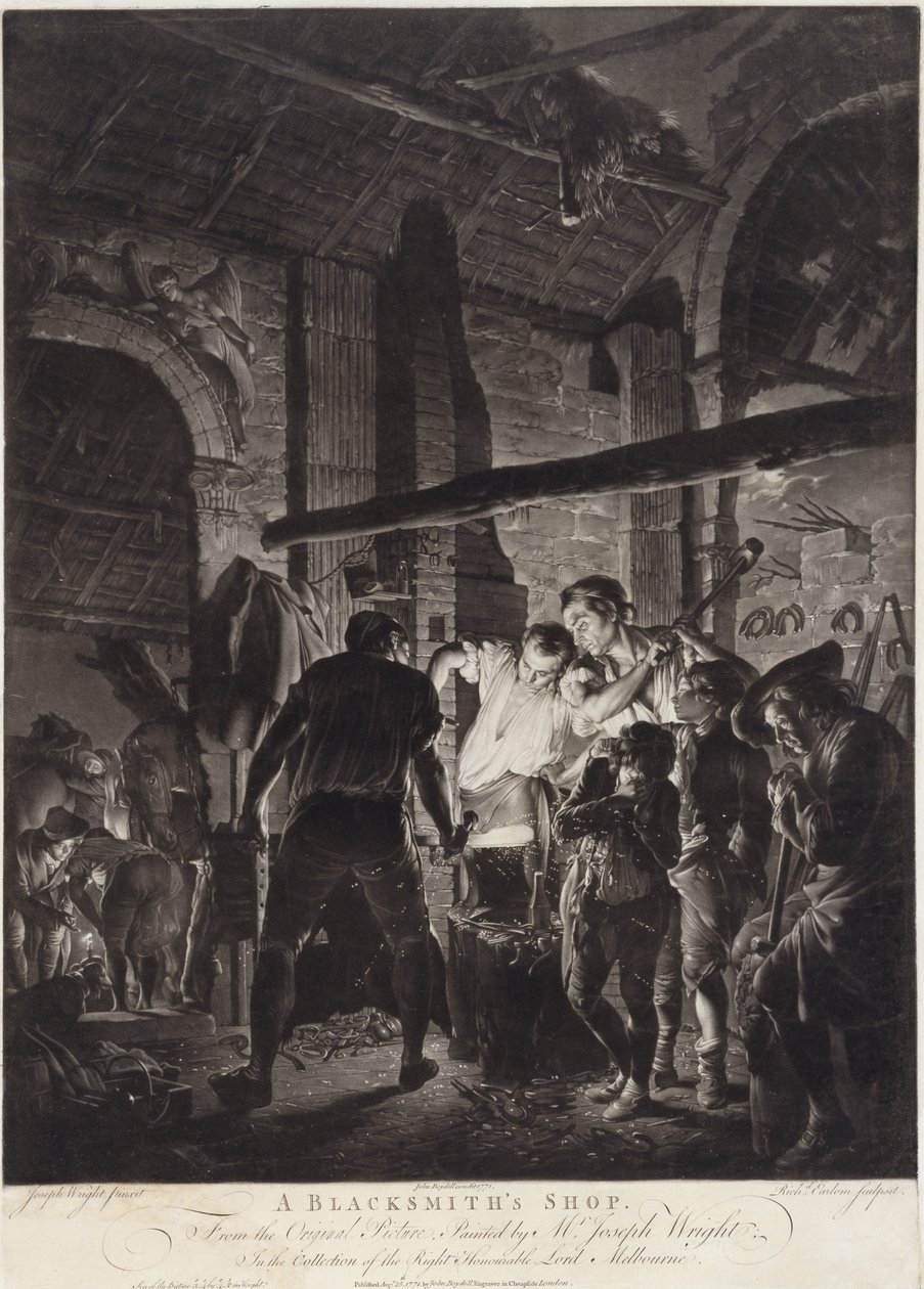 Een Smidse, gegraveerd door Richard Earlom (1743-97) door Joseph (after) Wright of Derby