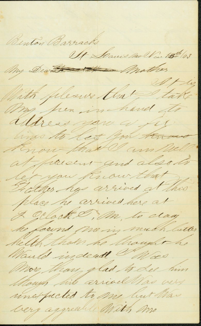 Brief ondertekend Joseph A. Fardell, Benton Barracks, St. Louis, Mo., aan Moeder, 12 november 1863 door Joseph A. Fardell