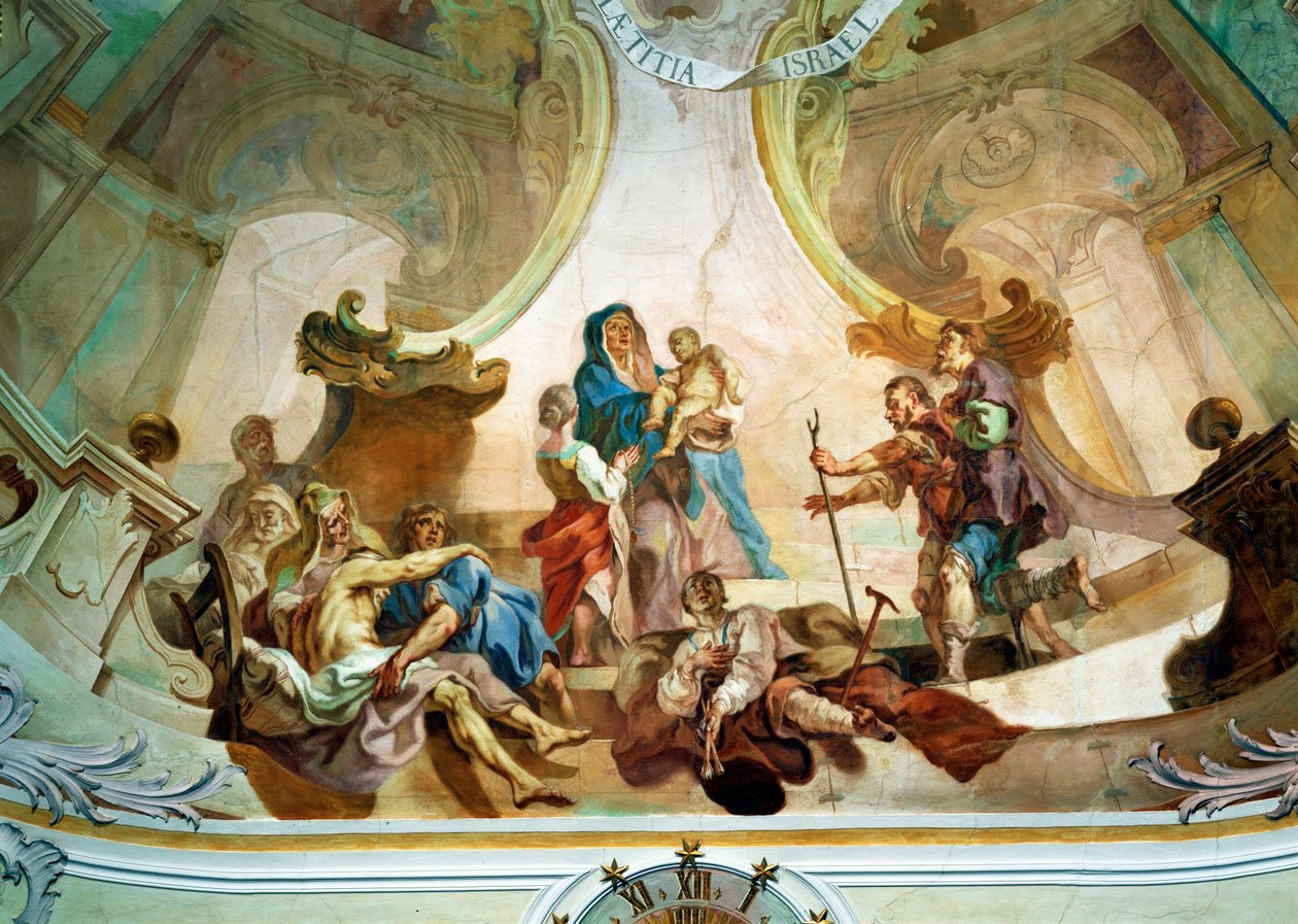Plafondfresco in de kerk van Birnau: direct onder de aanbidding van de herders, een zelfportret van de kunstenaar met een ingezwachteld been ... (fresco) door Joseph Anton (1696-1770) Feuchtmayer