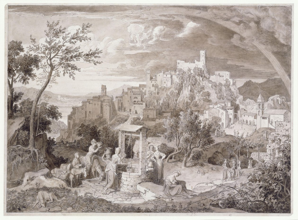 Gezicht op de stad Olevano, provincie Rome, Italië, met de regenboog door Joseph Anton Koch