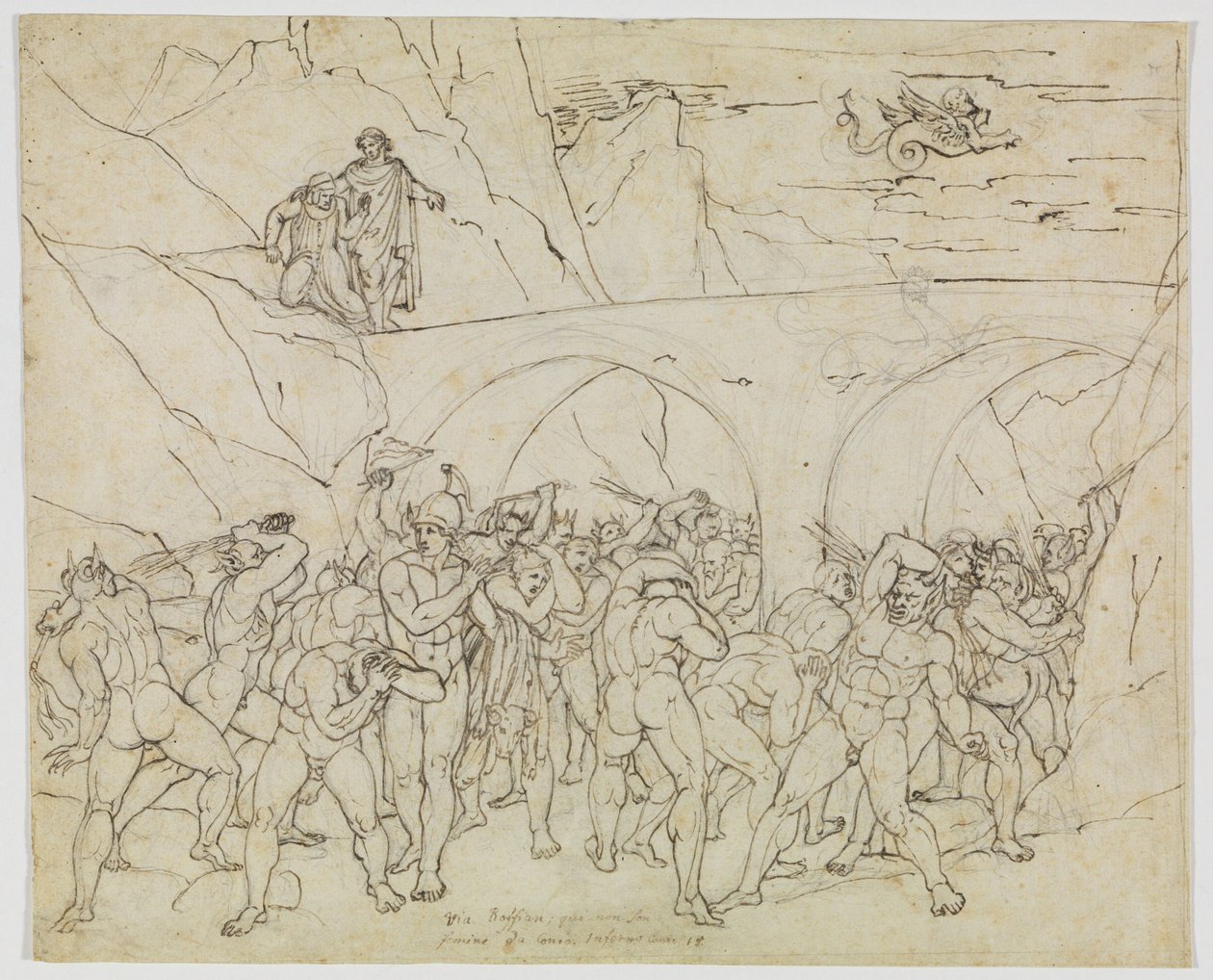 Koppelaars, oplichters en vleiers, gegeseld door de duivels (Dante, Inferno, Canto 18, vers 79) door Joseph Anton Koch
