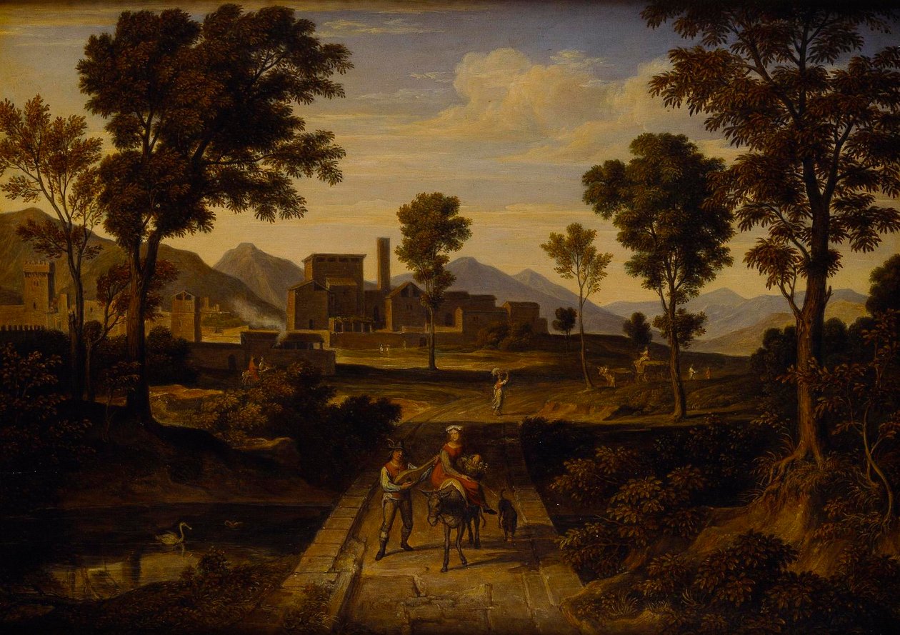 Landschap bij Terni met een brug over de rivier door Joseph Anton Koch