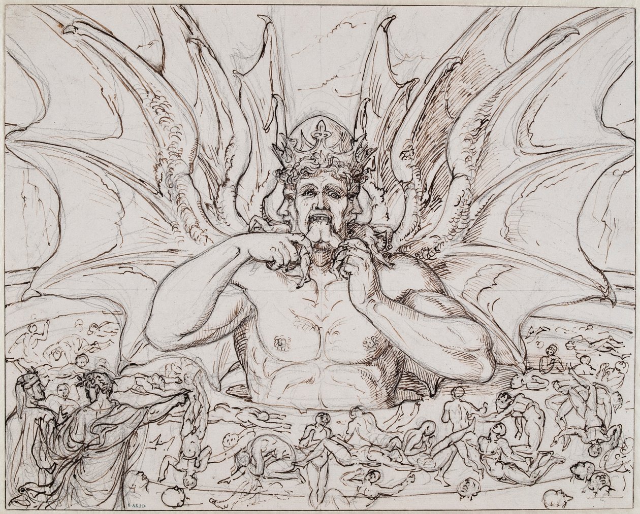 Lucifer in het midden van de hel. Illustratie bij de Goddelijke Komedie van Dante Alighieri door Joseph Anton Koch