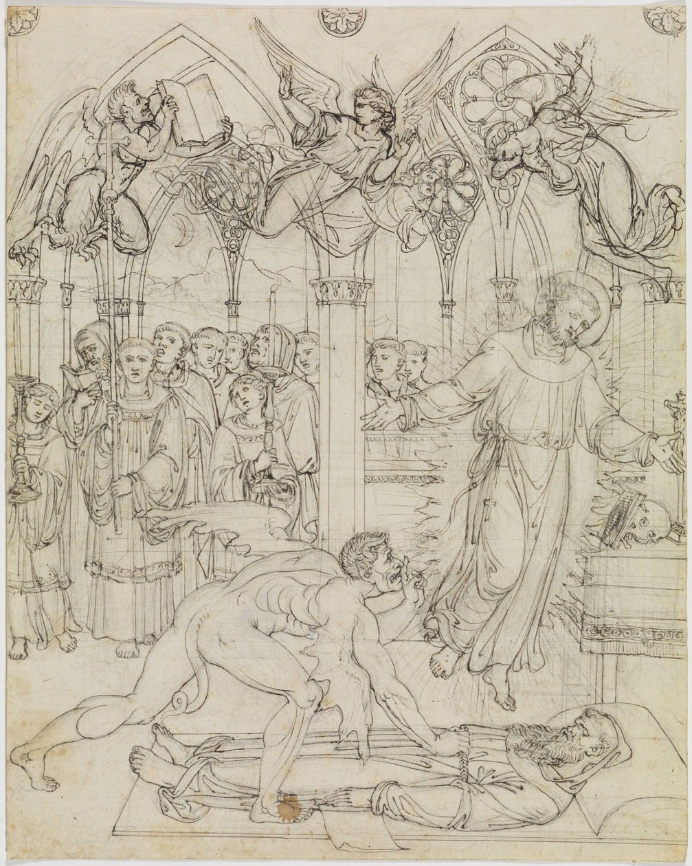 De strijd tussen de heilige Franciscus en Satan om de ziel van de monnik Guido da Montefeltro (Dante, Inferno, Canto 27, vers 112) door Joseph Anton Koch