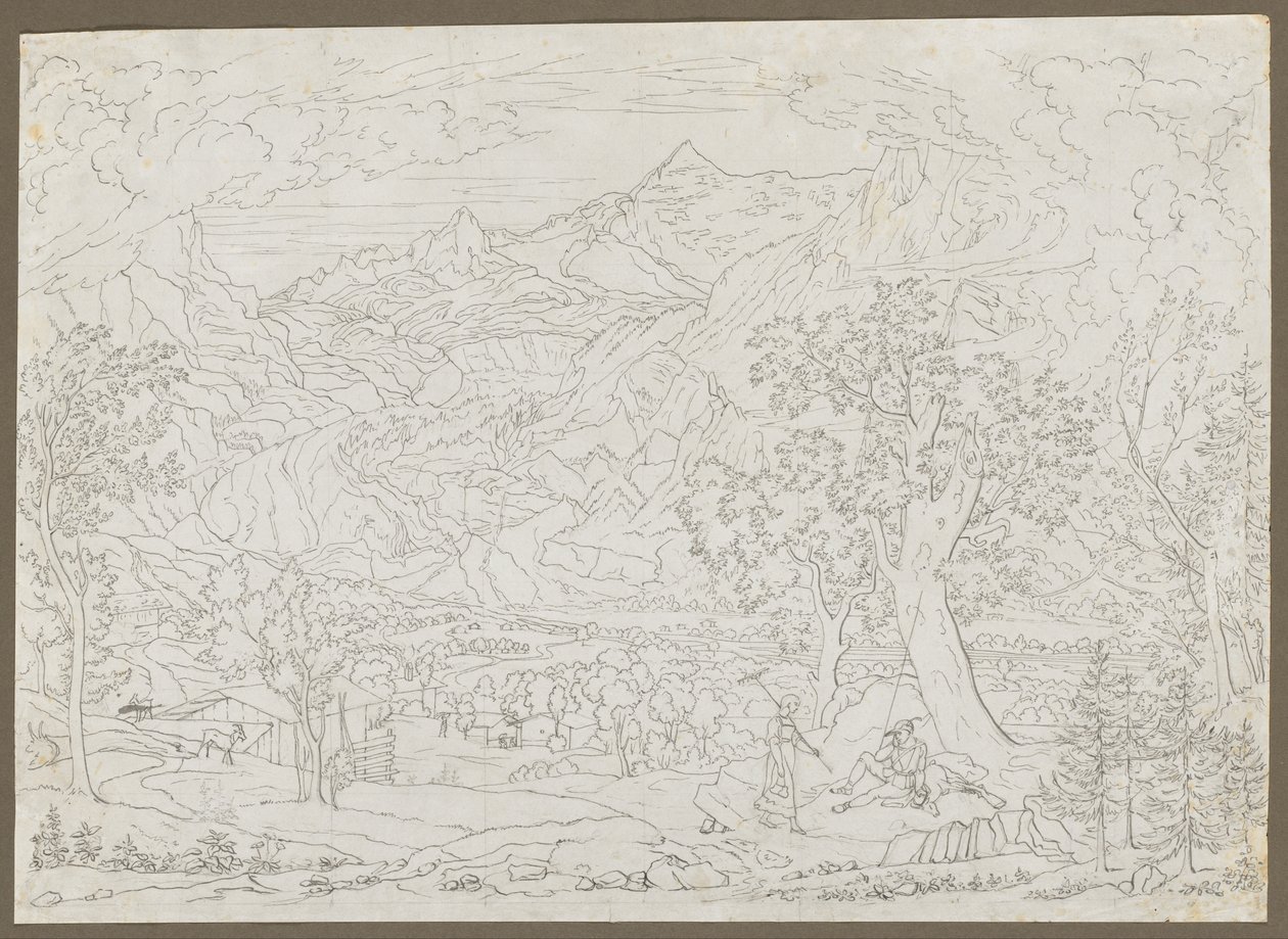 De Grindelwald-gletsjer met jager en boerenmeisje op de voorgrond, ca. 1823 door Joseph Anton Koch