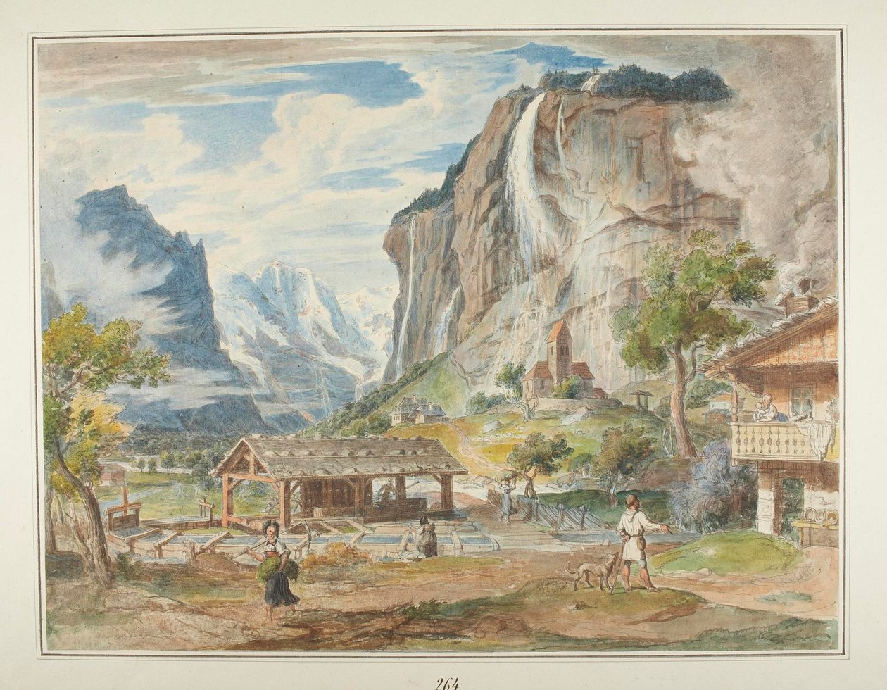 De Staubbachwatervallen en de berg Jungfrau in het Lauterbrunnendal in Zwitserland door Joseph Anton Koch