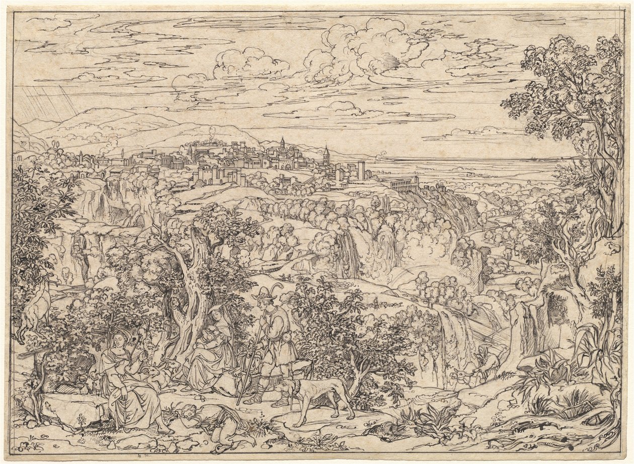 Tivoli en de watervallen met herdersfamilies door Joseph Anton Koch