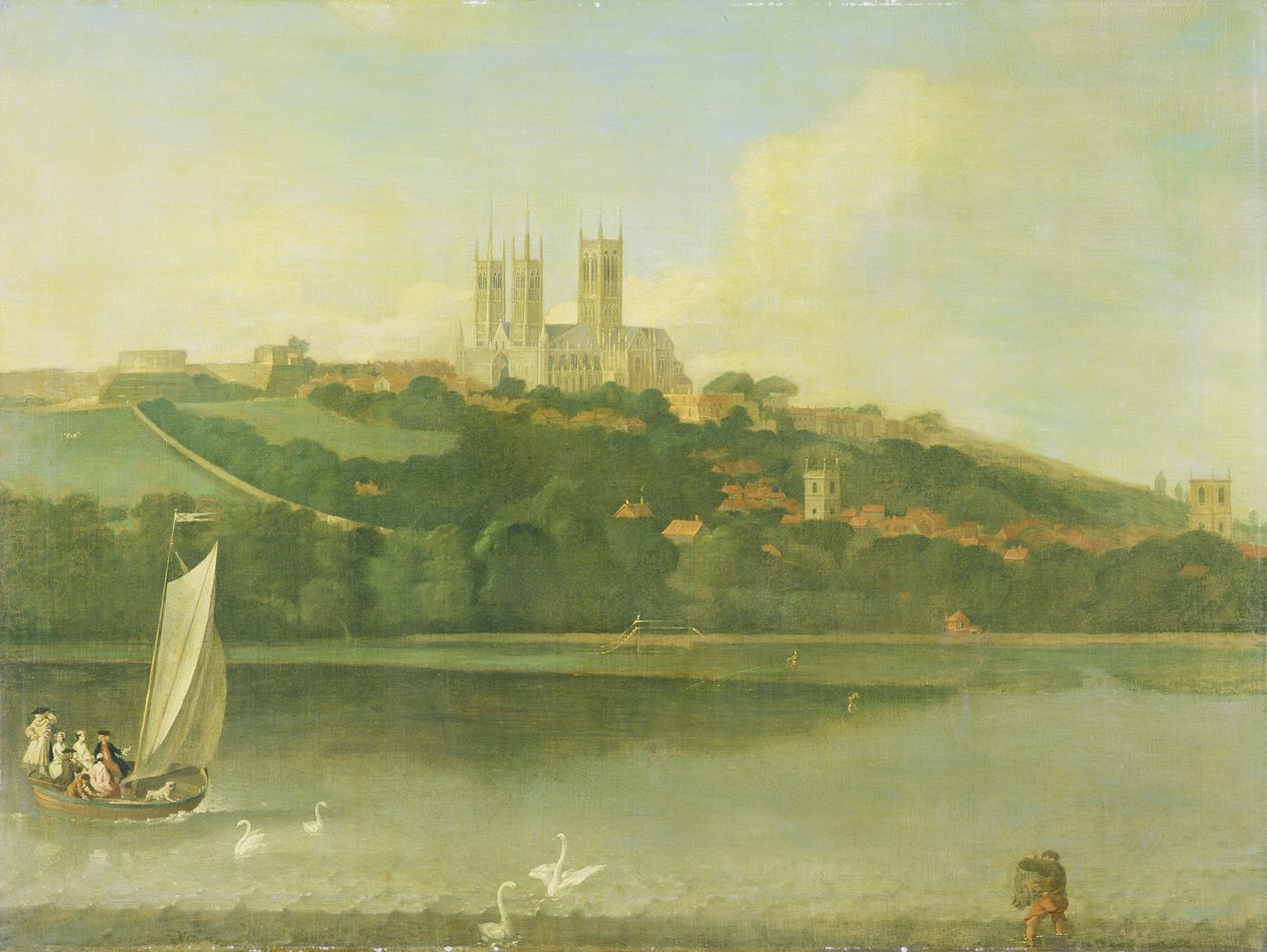 Een Uitzicht op de Kathedraal en Stad Lincoln vanaf de Rivier, c.1760 door Joseph Baker