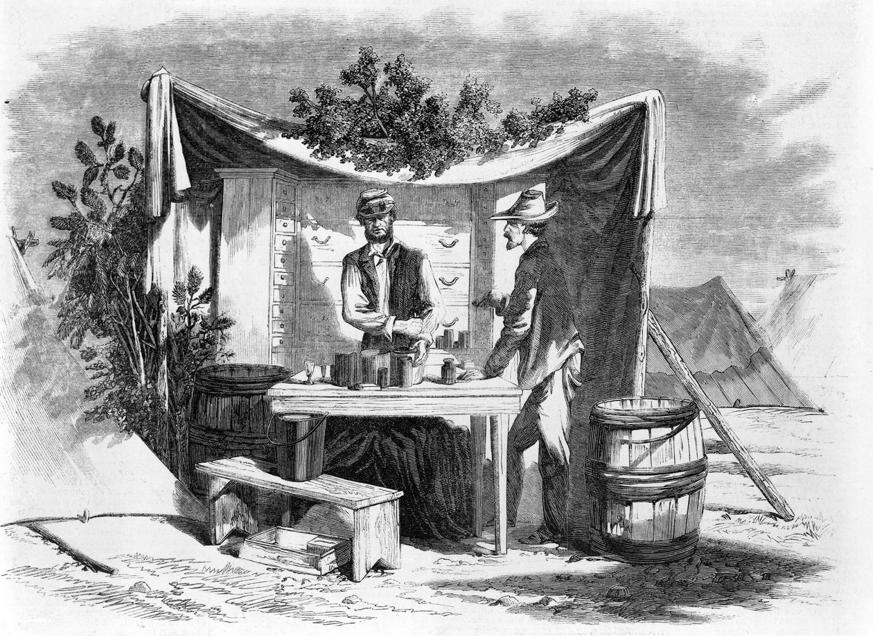 Kampscènes - een legerapotheek - de ziekenhuisbeheerder, naar een schets van onze speciale kunstenaar, Joseph Becker, uitgegeven 1864 door Joseph Becker