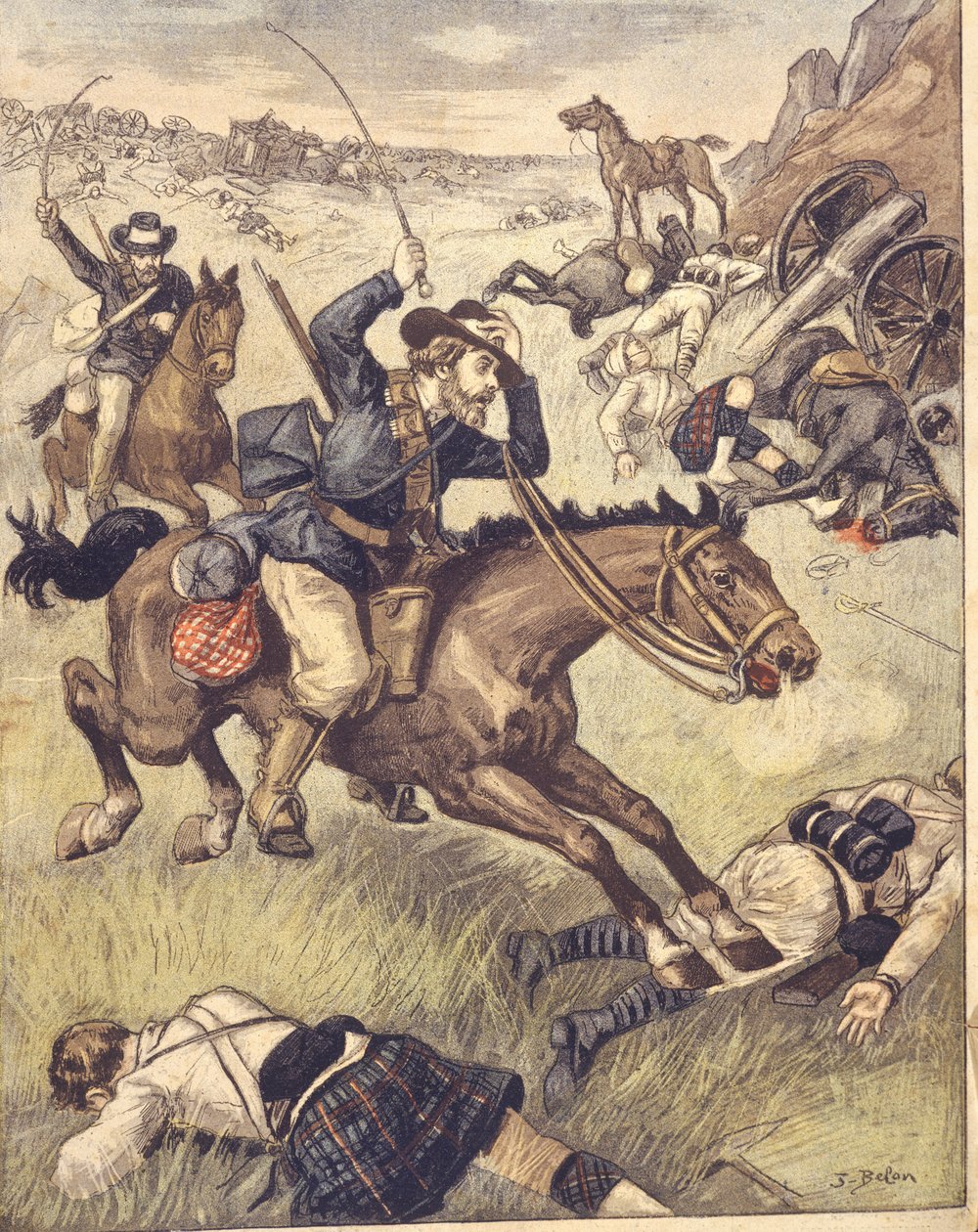 Boerencommando valt Britse patrouille aan tijdens de Anglo-Zulu en Anglo-Boerenoorlogen van 1850-1902, illustratie door Joseph Belon